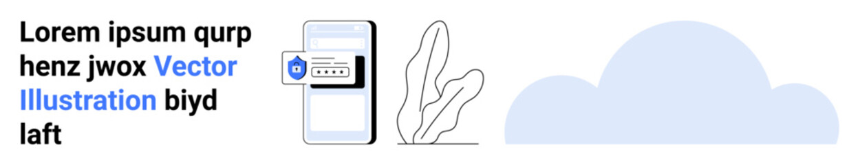 Mobile phone displaying password login with security shield, decorative plant, and cloud backdrop. Ideal for cybersecurity, technology, data protection, mobile apps, secure cloud storage