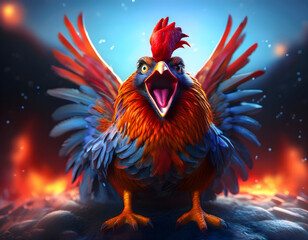 Fototapeta premium Colorful rooster crowing with open wings on fire background
