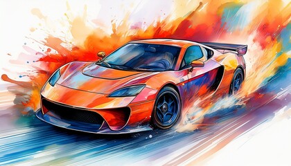 a dynamic watercolor illustration of a sports car speeding with vibrant flames and splashes of color conveying energy and motion