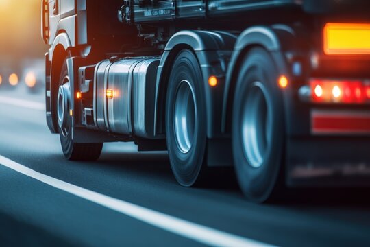 A large cargo truck driving on a highway at sunrise, symbolizing road freight logistics with copy space. Warm golden lighting. Open road background. 