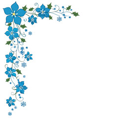 Decorative floral corner design featuring blue flowers and green leaves, perfect for embellishing invitations or stationery. intricate pattern adds elegant touch