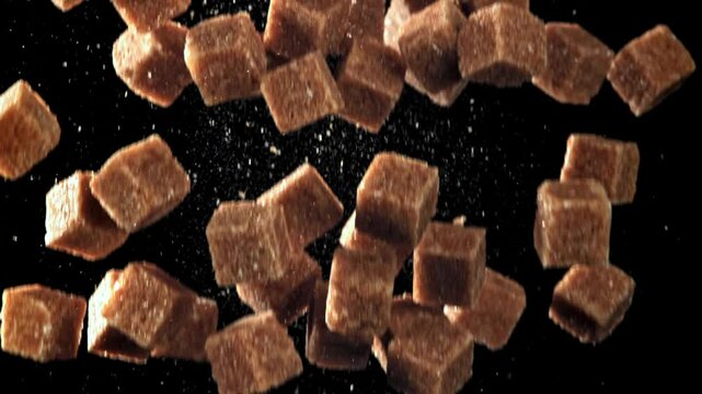 Cane sugar cubes fall down. Filmed on a high-speed camera at 1000 fps. High quality FullHD footage
