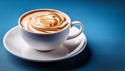 hot coffee cappuccino latte in white cup with stirred spiral milk foam texture