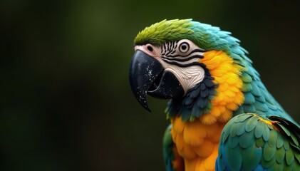 Vibrant plumage on parrot's head and beak, with intricate feather patterns, bird, nature
