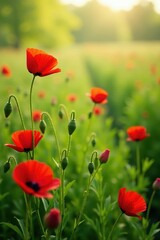 Fototapeta premium Vibrant poppies sway gently on a lush green field , poppies, field