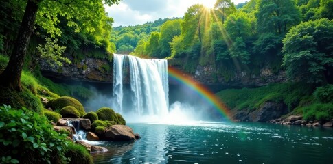 Vibrant rainbow arcing over a peaceful waterfall in the heart of a lush green forest, rainbow, mist