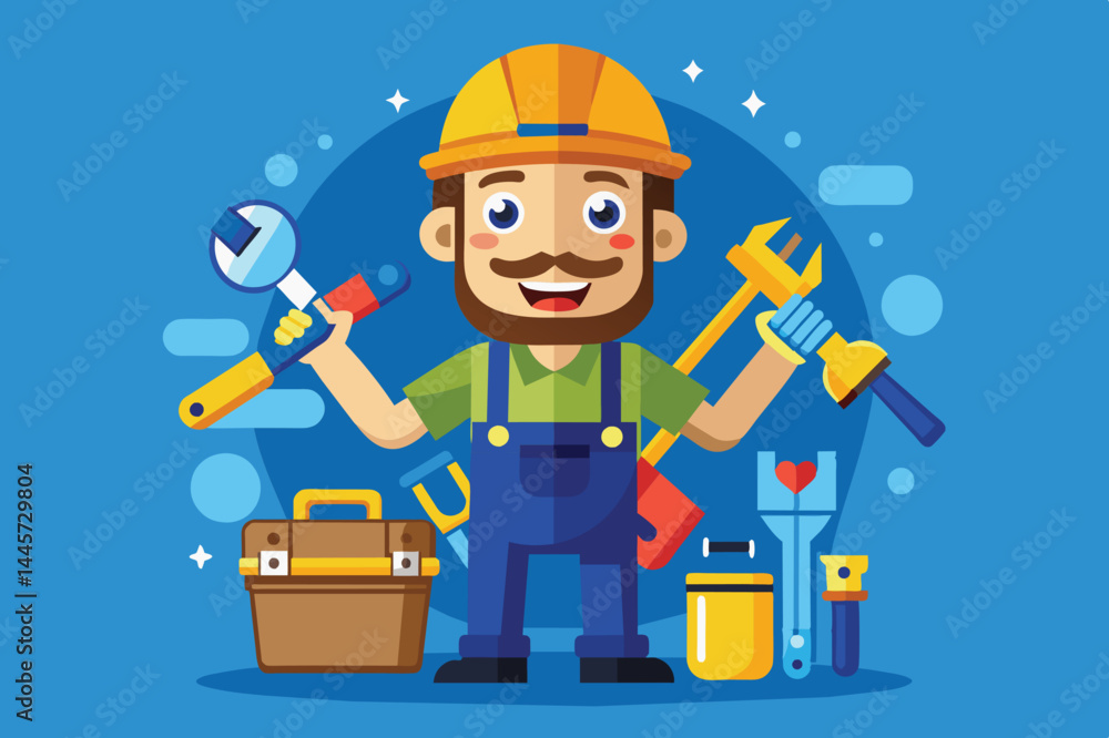 Poster the handyman smiles confidently while holding multiple tools in each hand, illustrating his prepared