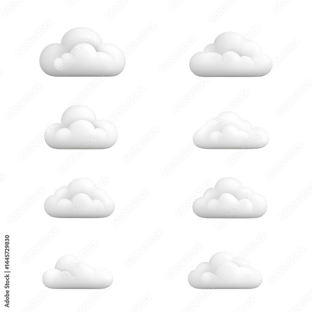 Poster eight fluffy white cloud icons are displayed against transparency background, each with unique shape