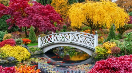 Picturesque garden scene with bridge, colorful trees, and koi pond