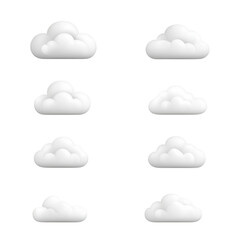 Fototapeta premium Eight fluffy white cloud icons are displayed against transparency background, each with unique shape and soft, rounded edges, creating whimsical and serene atmosphere