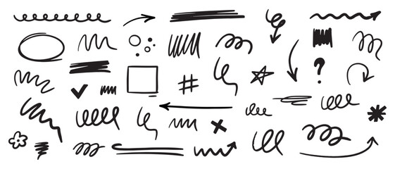 Marker scribble elements collection. Grunge hand drawn icons, strokes, underlines, wave brush marks.Vector set isolated on white background.