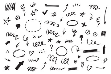 Marker scribble elements collection. Grunge hand drawn icons, strokes, underlines, wave brush marks.Vector set isolated on white background.