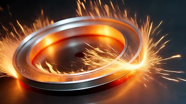 Close-up of two metal rings grinding against each other with bright orange sparks flying on dark background in industrial workshop setting

