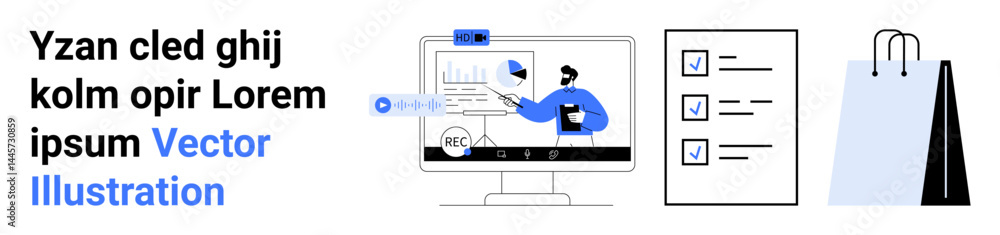 Aufkleber computer screen with a user managing tasks, analyzing data, checklist, and shopping bags. ideal for 