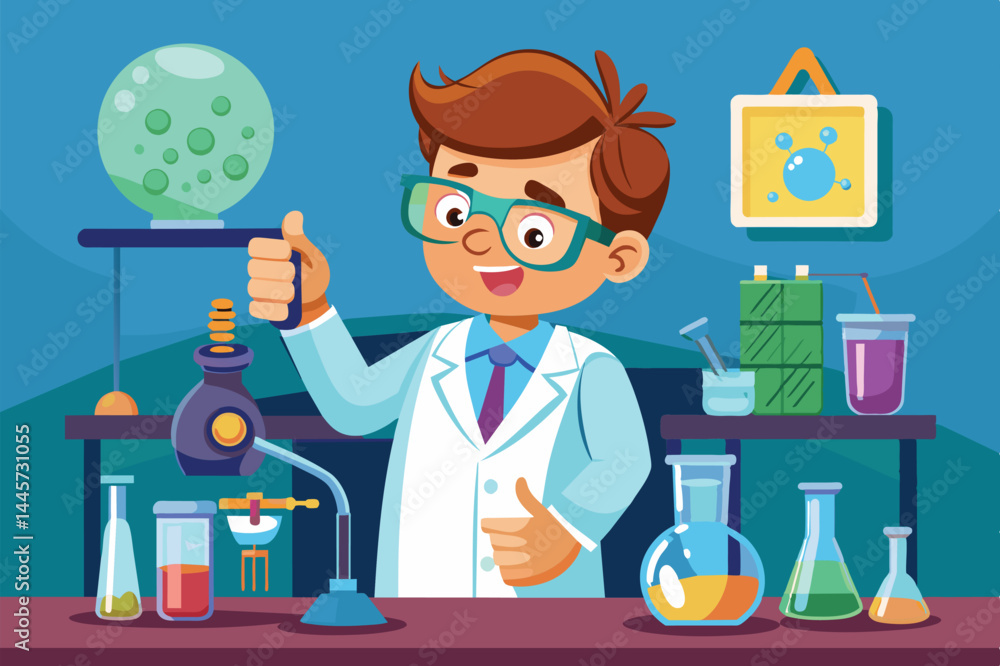 Poster a cheerful child dressed in a lab coat smiles while conducting science experiments, surrounded by co