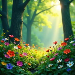 Obraz premium Vibrant wildflowers swaying gently in forest breeze, greenery, nature
