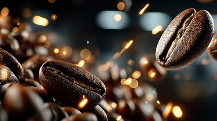 Roasted Coffee Beans in Motion: Close-up of roasted coffee beans suspended in mid-air with sparks of light, creating a dynamic and vibrant image.