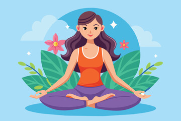 A woman sits cross-legged, practicing yoga in a tranquil outdoor environment filled with vibrant flowers and green foliage, exuding calm and mindfulness.