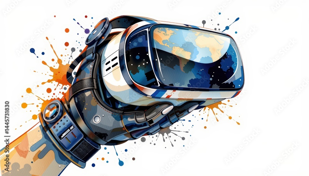 Poster exploring the immersive world of virtual reality, a hand interacting with dynamic interface
