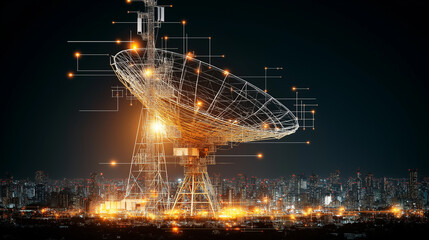 Data Transmission Hub: A vast, radiant satellite dish, gleaming against a futuristic cityscape. symbolizing communication and technological advancement.