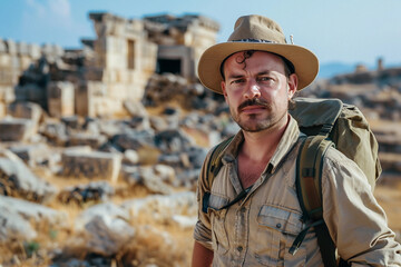 Obraz premium Archaeologist Carefully Excavating Fossilized Artifact Bones Skeletons in Field, Generative AI