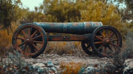 Old rusty cannon on a wheeled carriage