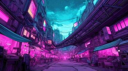 Futuristic cyberpunk city street at night with neon lights, empty market stalls, and glowing signs under a vibrant blue sky.