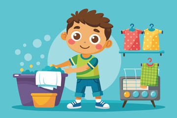 A cheerful young boy is washing clothes with enthusiasm, surrounded by bright, patterned shirts hanging nearby and playful bubbles appearing around him.