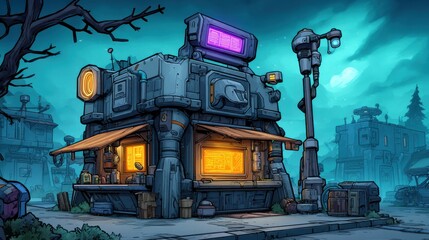 Futuristic cyberpunk shop building with neon lights at night, cartoon style, glowing windows, sci-fi street, digital marketplace, dystopian cityscape, vibrant colors, detailed environment.