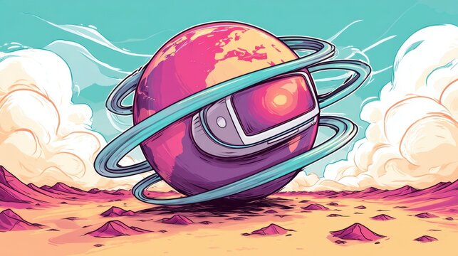 A vibrant digital illustration of a surreal landscape featuring a planet with rings, set against a colorful sky with clouds and distant mountains. Perfect for fantasy, space, and imaginative themes.