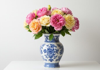 Roses in vase, floral arrangement on white background