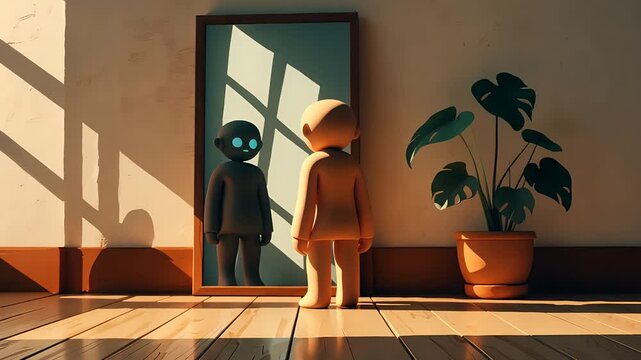 Stylized character standing in front of mirror casting eerie reflection with glowing eyes in warmly lit room beside indoor potted plant

