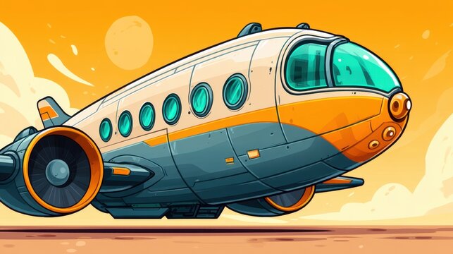 Fototapeta Futuristic cartoon airplane with large windows and engines, flying over a desert landscape under an orange sky, sci-fi transport, digital art.