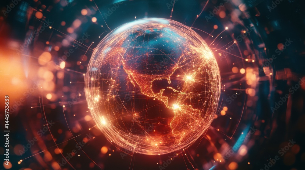 Poster close-up of a transparent globe surrounded by interconnected glowing lines and dots symbolizing worl