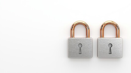 Naklejka premium Two metallic silver padlocks with rose gold accents rest on a pristine white background symbolizing security and privacy protection for digital assets and sensitive information.