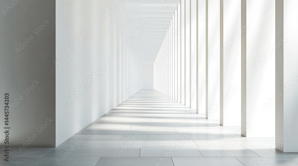 Poster white hallway with columns, sunlight casting shadows on floor, creating minimalist and modern aesthe