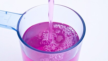 A clear measuring cup is being filled with a vibrant pink liquid, creating bubbles on the surface.