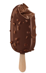 Chocolate popsicle with chocolate filling and crunchy chocolate topping with nuts bitten isolated
