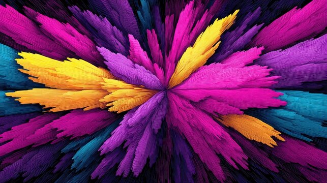 Vivid abstract explosion with colorful brush strokes in pink, yellow, blue, and purple. Dynamic energy burst, modern digital art background, perfect for creative design and decoration.