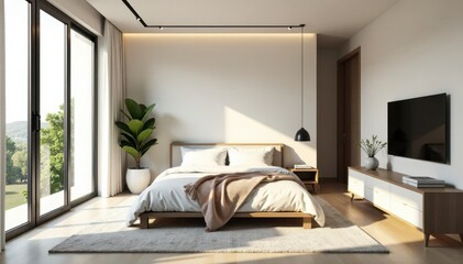 Virtually furnished minimalist bedroom with computer-generated decor , home decor ideas, computer graphics