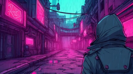 Cyberpunk alleyway with neon pink and teal lights, featuring a hooded figure in a dark coat, creating a moody urban sci-fi atmosphere.
