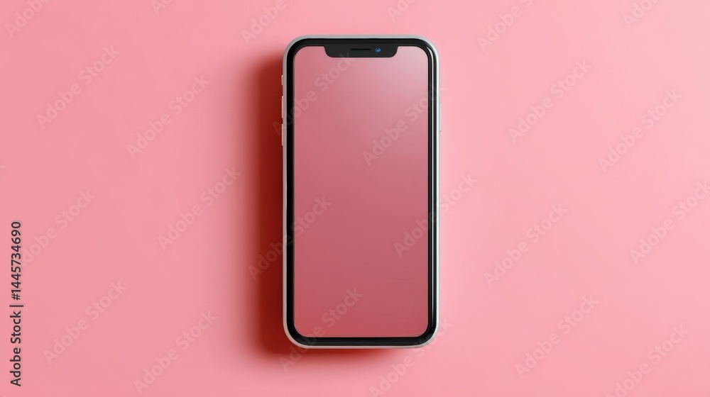 Poster flat lay of an smartphone x on a pink background. the phone is in the center of the image, with the 