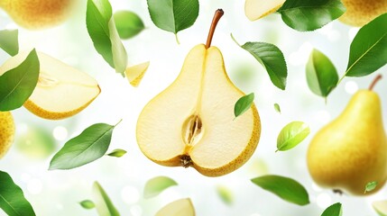 Obraz premium Ripe Fresh Pear Fruit with Half Slice and Green