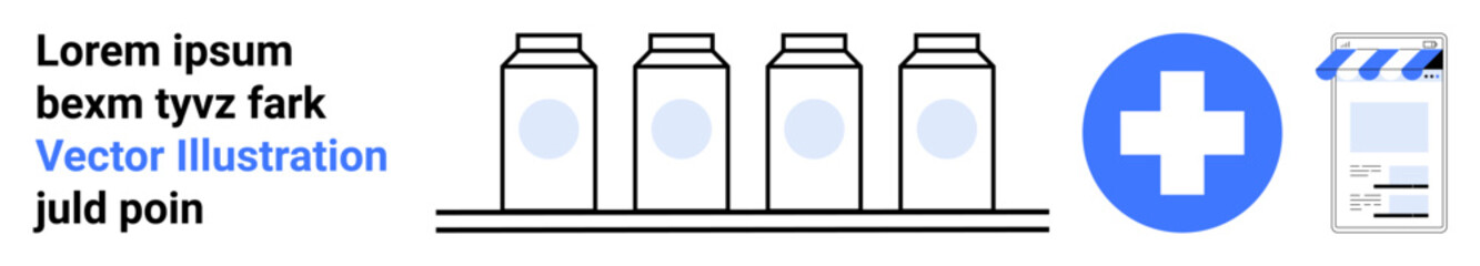 Four medicine bottles on a shelf, blue healthcare cross, and prescription document. Ideal for healthcare, pharmacy, medical services, hospital, drugstore, treatment simple landing page