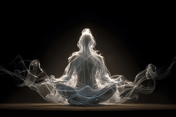 Fototapeta premium A serene figure formed of smoke meditates peacefully in the lotus position, embodying spiritual calm.