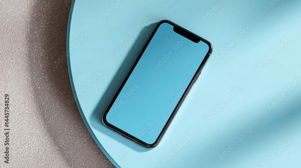 Poster black smartphone lying on a light blue circular surface. the phone has a large screen and a black fr