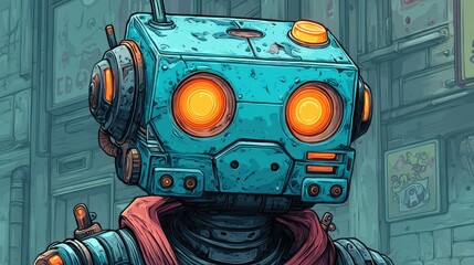 Retro robot with glowing orange eyes, blue metal head, and red scarf in a futuristic city street. Detailed, colorful, cartoon style. Perfect for sci-fi, technology, or cyberpunk themes.