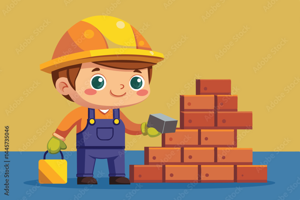 Poster a joyful young boy in a hard hat builds a structure with toy bricks, smiling as he places a block on