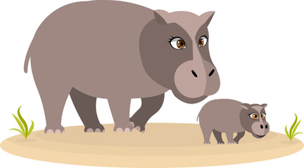 Cute zoo. Vector animals. Mother and baby hippopotamus. Vector collection of animals. Isolated