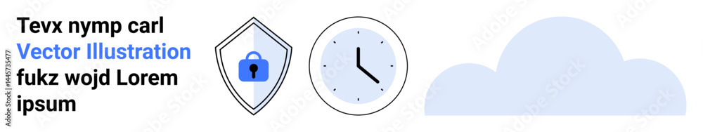 Poster shield with a lock, analog clock, and static cloud. ideal for cybersecurity, time management, cloud 